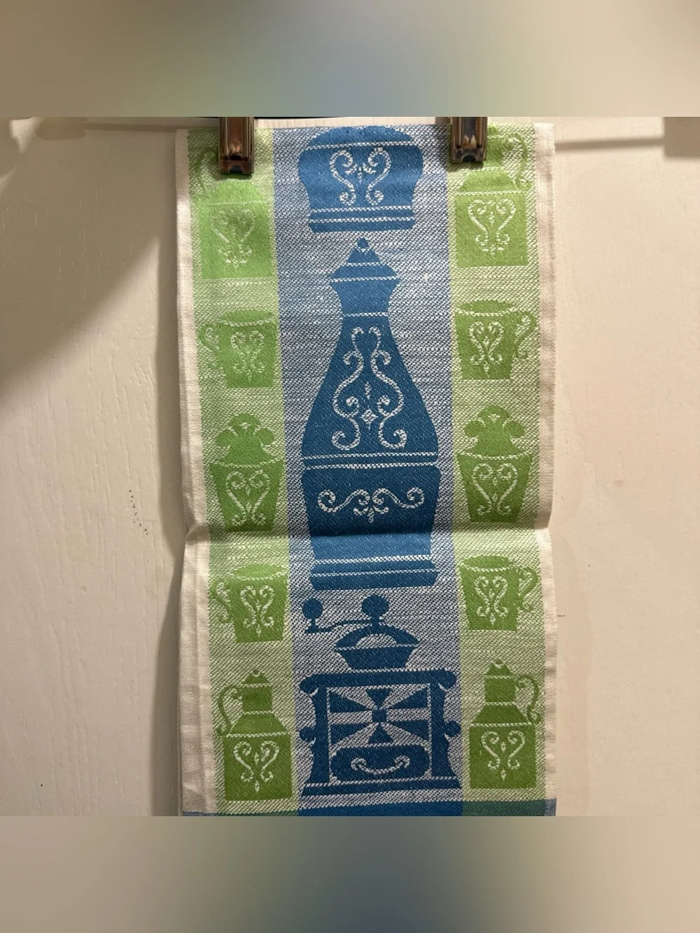 NOS Linen Tea towel MCM RetroPure Linen Blue & Green Decorative Tea Towel by